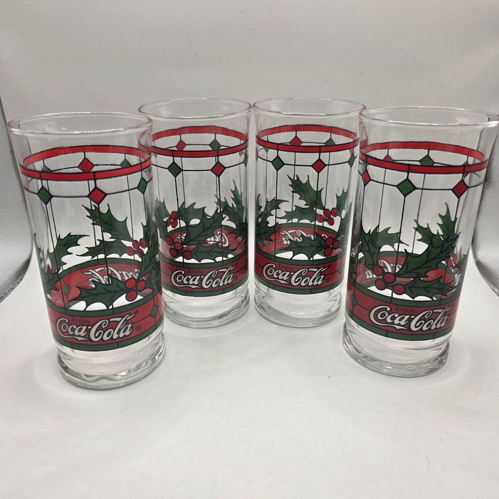 Vintage Coca-Cola Christmas Glasses Set of 4 Stained Glass Holly Holiday 6 inch